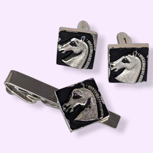 Vintage Dark Horse Cufflink & Tie Clip Set